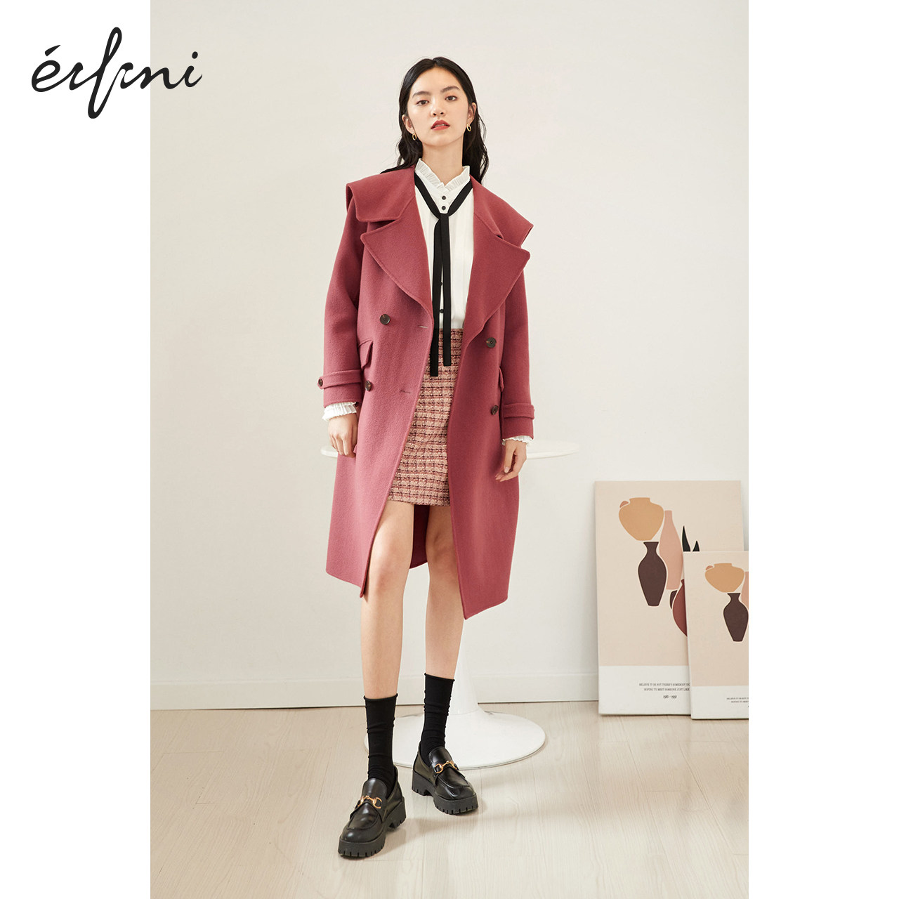 伊芙丽复古双面呢2020冬季双排扣 伊芙丽旗舰毛呢外套