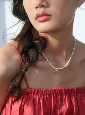 多巴胺彩色天然石纯银粗项链颈链