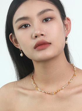 阳光下流浪黄色天然石镀真金项链