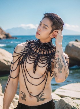 珍珠项链手工礼服欧美身体链披肩夸张配饰奢华夜店酒吧直播表演服