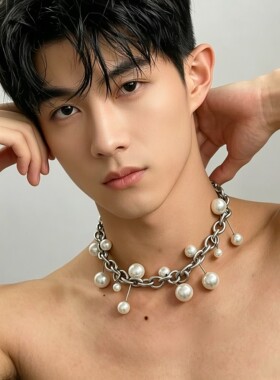 小众朋克仿珍珠男士锁骨链