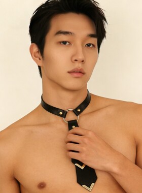 暗黑朋克PU皮黑色领带项链男士