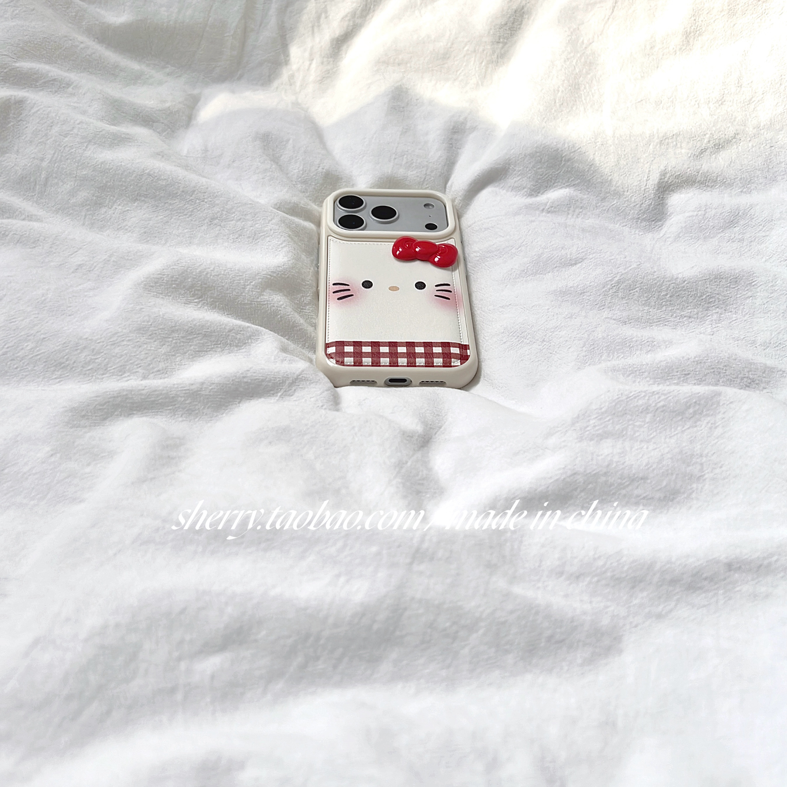 SHERRY*ins风米白仿皮可爱kt猫表情适用于苹果17ProMax手机壳iPhone16Pro小众少女心15简约14小清新卡通软萌 - 图1