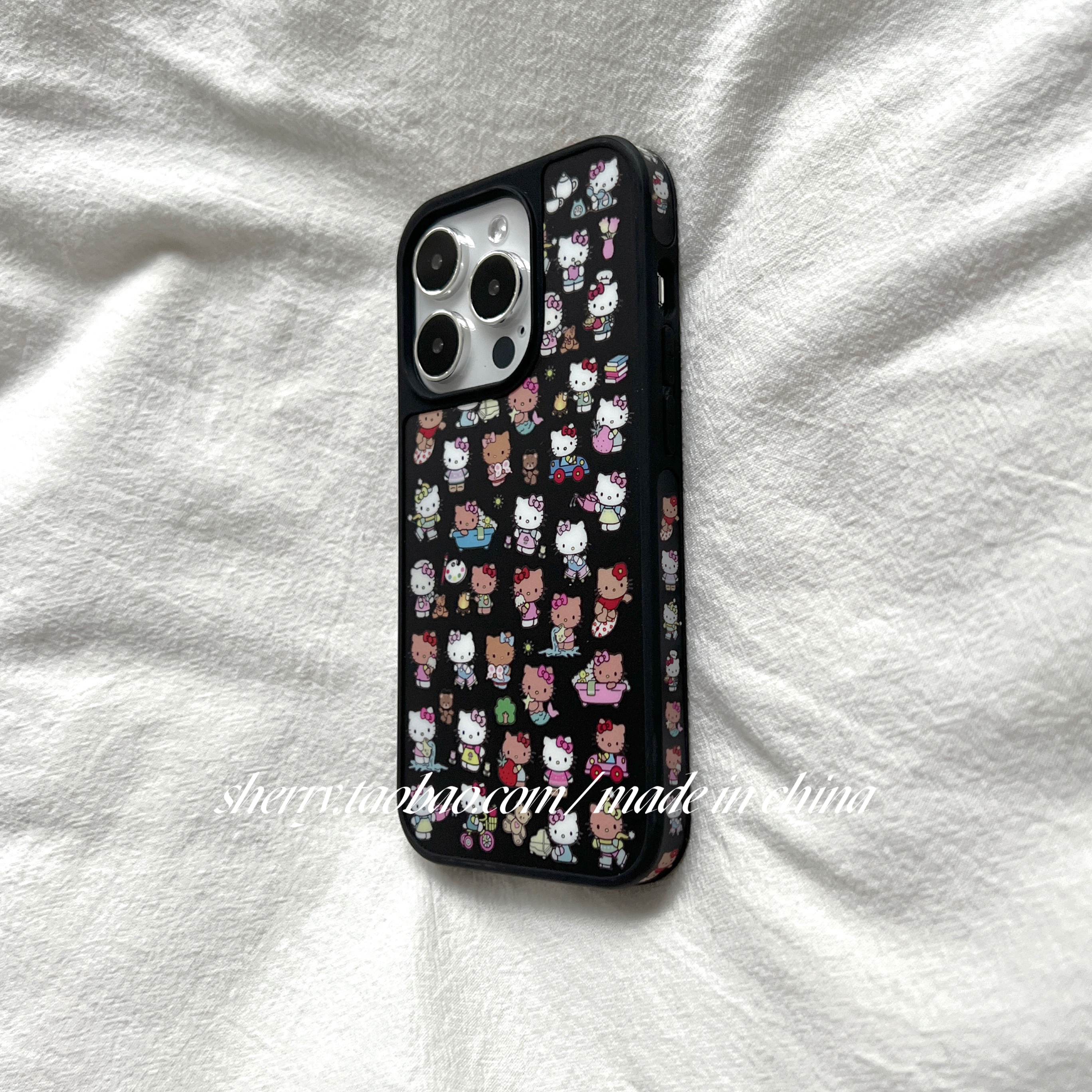SHERRY*ins风甜酷黑色可爱满屏小kt猫适用于iphone16promax苹果15小众13手机壳卡通14温柔13少女心小清新简约 - 图0