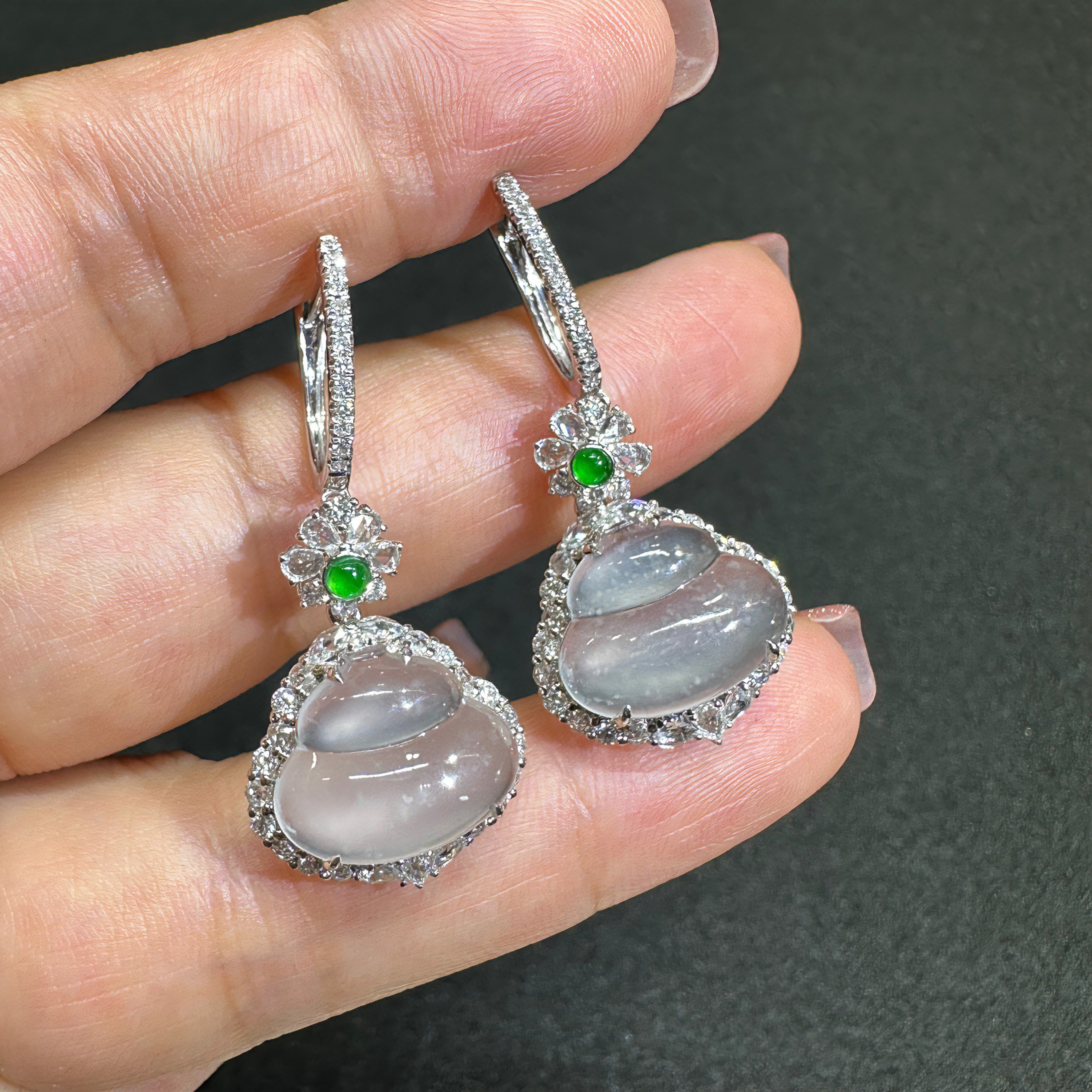 缅甸A货木纳雪花棉白冰翡翠葫芦18k金耳坠钻石起钢光白冰葫芦耳环,淘宝优惠券,粉丝福利购,淘宝优惠卷