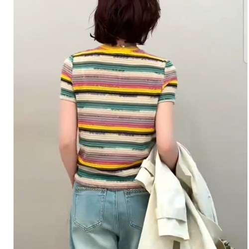 2026春秋季节欧美风彩虹条纹短袖针织衫女修身圆领套头糖果风上衣 - 图1
