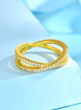 欧美跨境18k金交叉镶指女轻奢感精致小众饰品指环