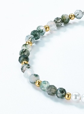 2024新款精致小巧手工串珠绿苔藓手链女时尚流行S925纯银珍珠手链