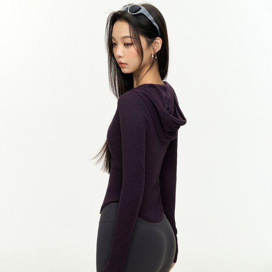 Mitaogirl连帽亨利领运动长袖T恤女竹节罗纹亲肤瑜伽服弹力健身服