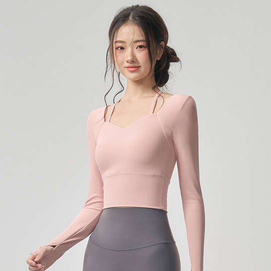 Mitaogirl带胸垫瑜珈服女显瘦跑步运动上衣普拉提长袖健身服秋冬