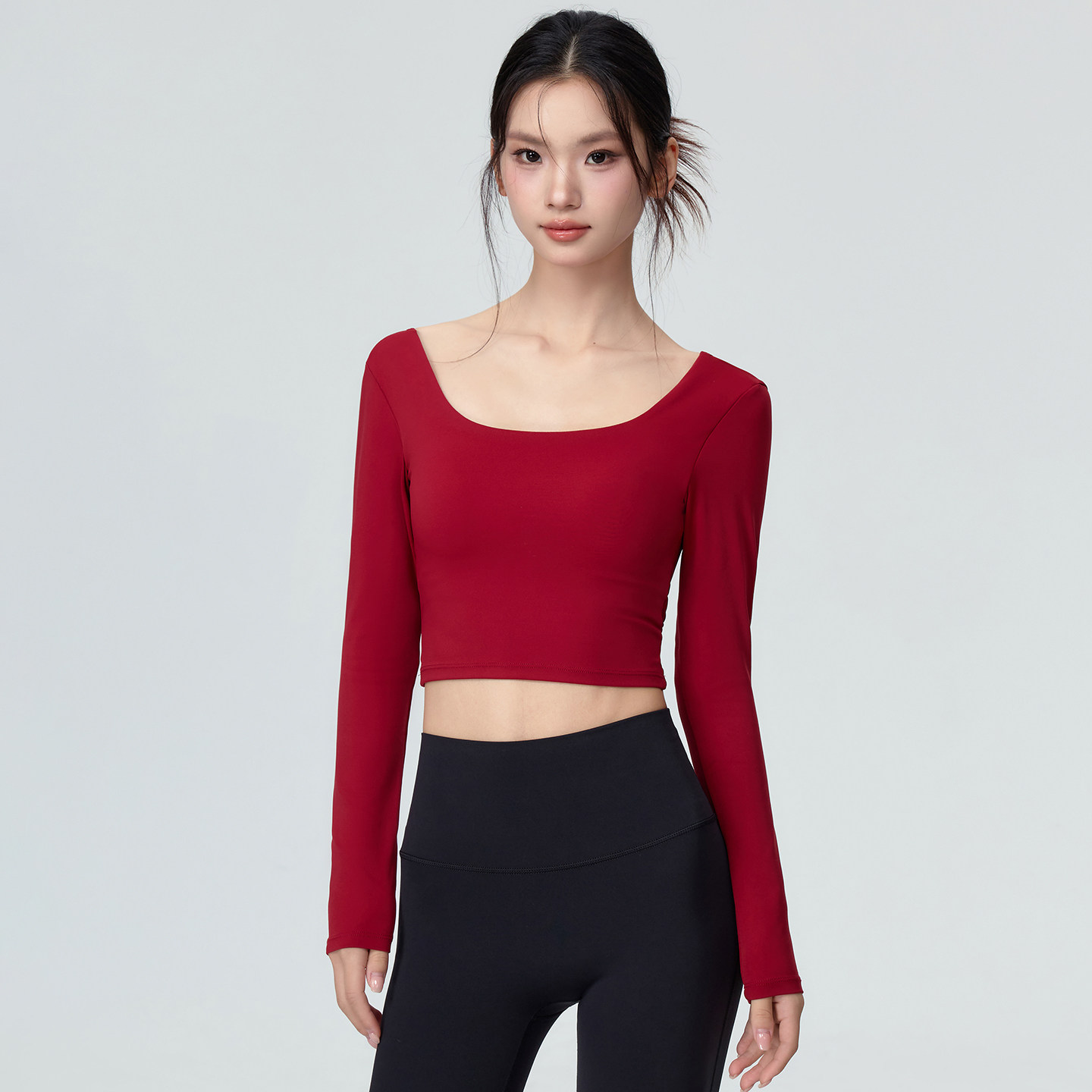 Mitaogirl秋季新款交叉美背瑜伽服女士休闲运动T恤方领长袖健身服,淘宝优惠券,粉丝福利购,淘宝优惠卷