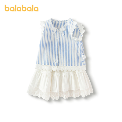 巴拉巴拉童装儿童套装女童短袖两件套新夏装条纹文艺蕾丝短裙