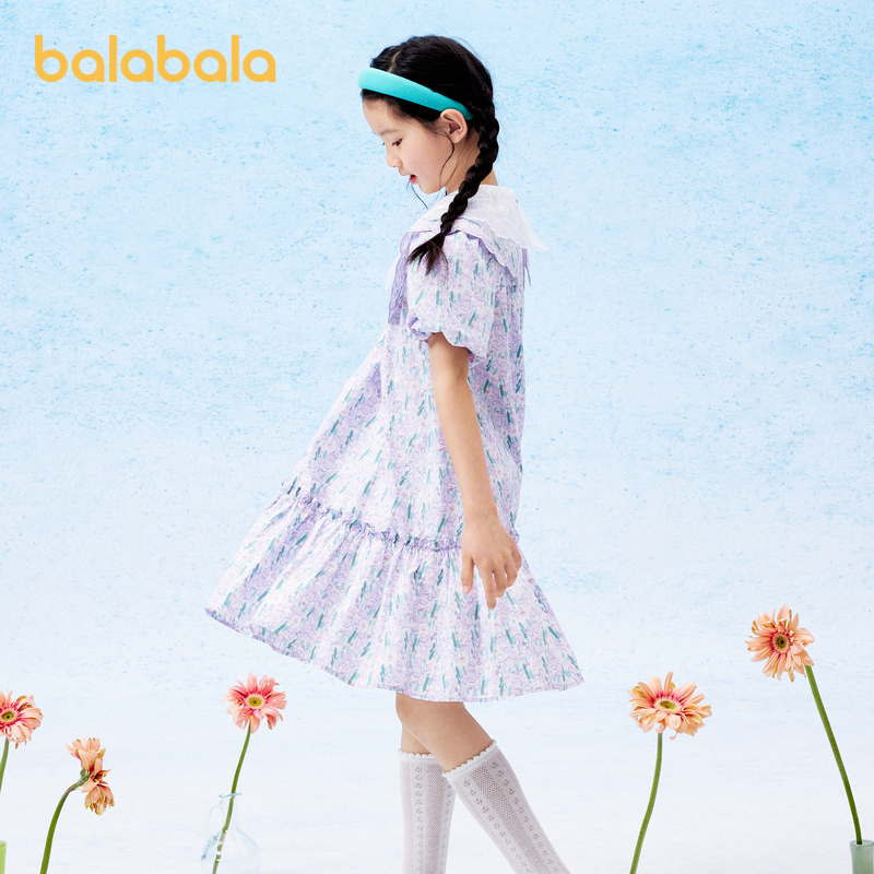 巴拉巴拉女童裙子儿童连衣裙2024新款夏装女大童纯棉甜美泡泡袖潮