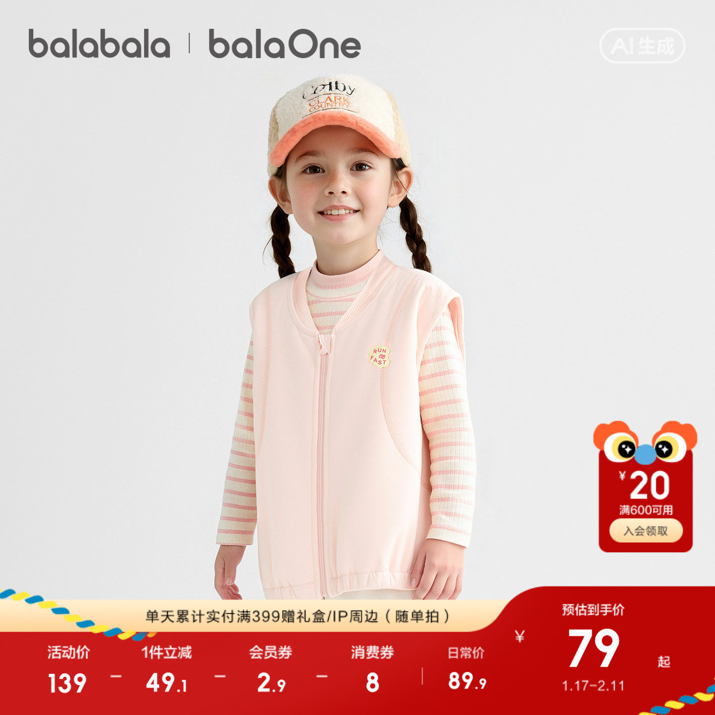 巴拉巴拉童装儿童马甲男童女童2026新款宝宝春秋装小童休闲背心萌,淘宝优惠券,粉丝福利购,淘宝优惠卷