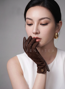 小山羊皮反绒触屏保暖手套女款