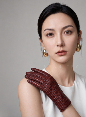 山羊皮编织女秋冬触屏皮手套