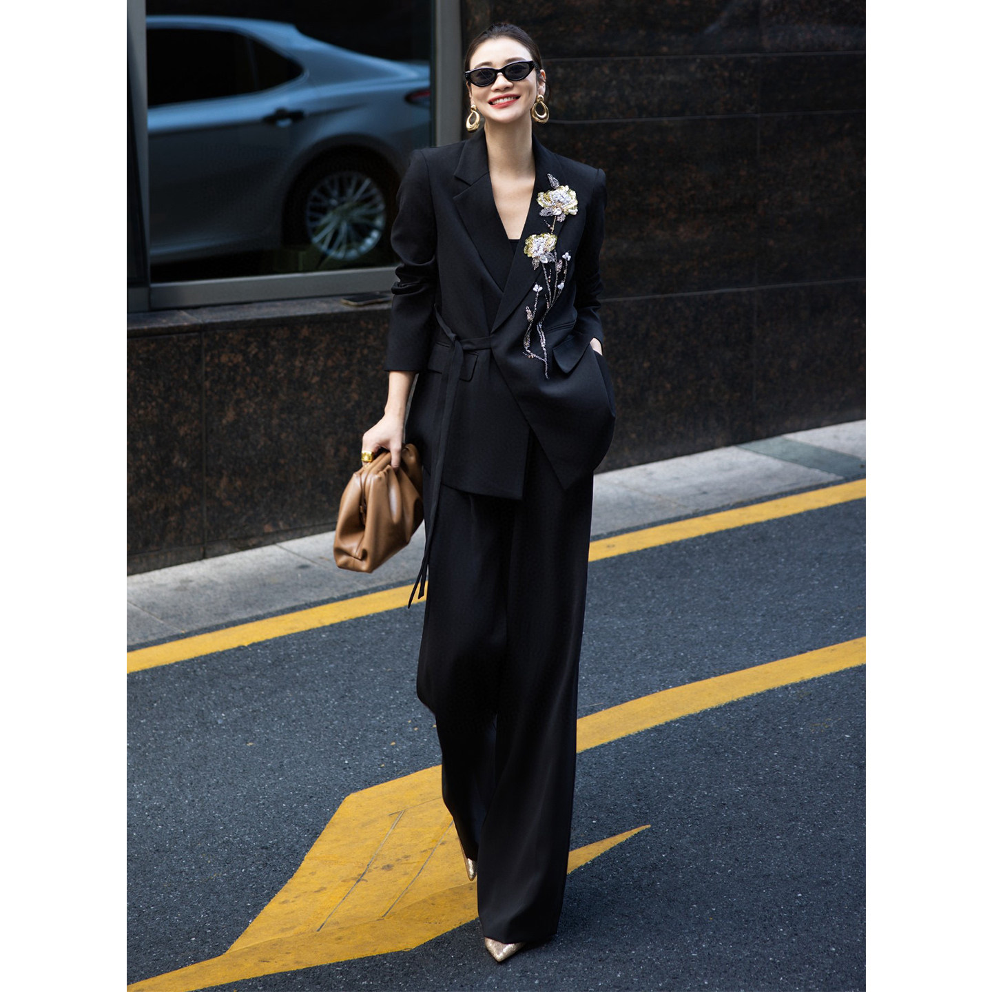 轻熟优雅风西装套装女高级感重工钉珠绑带阔腿裤两件套通勤西服秋,淘宝优惠券,粉丝福利购,淘宝优惠卷