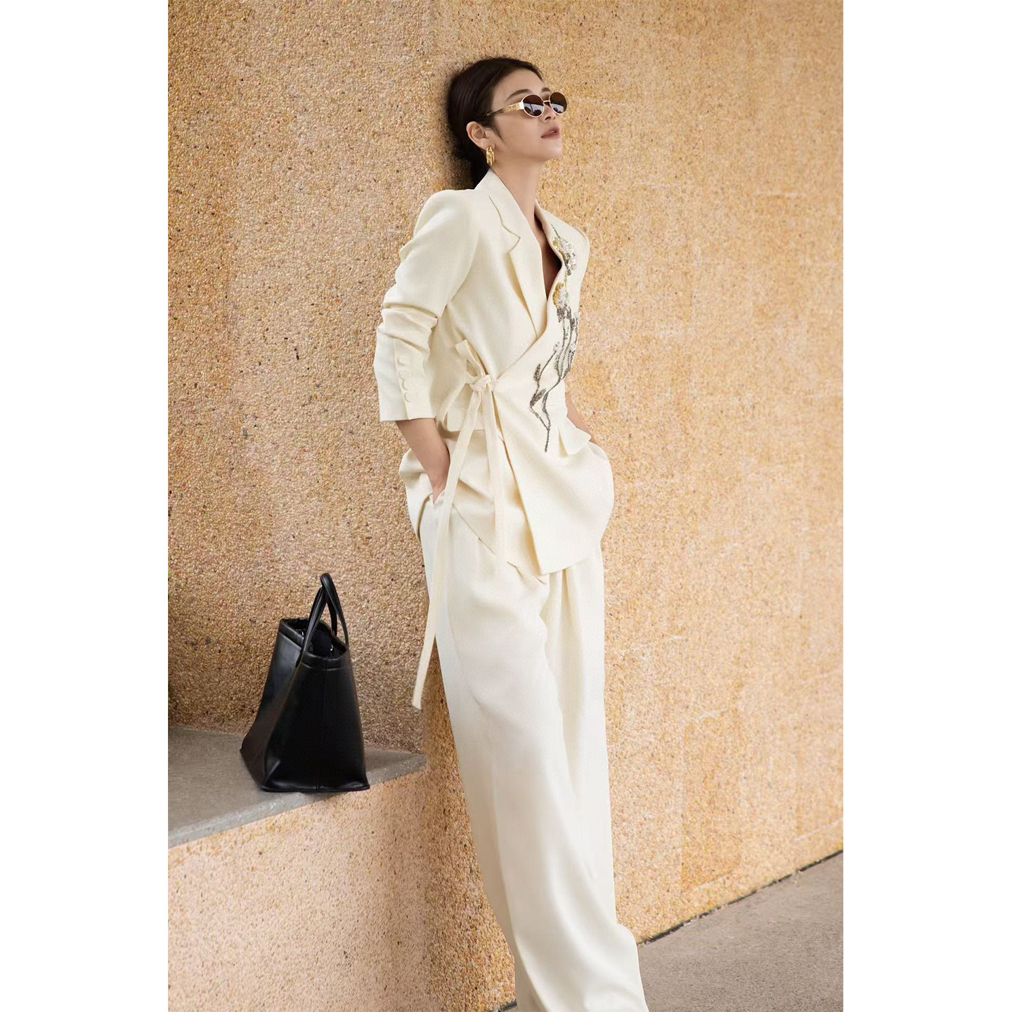 轻熟优雅风西装套装女高级感重工钉珠绑带阔腿裤两件套通勤西服秋,淘宝优惠券,粉丝福利购,淘宝优惠卷