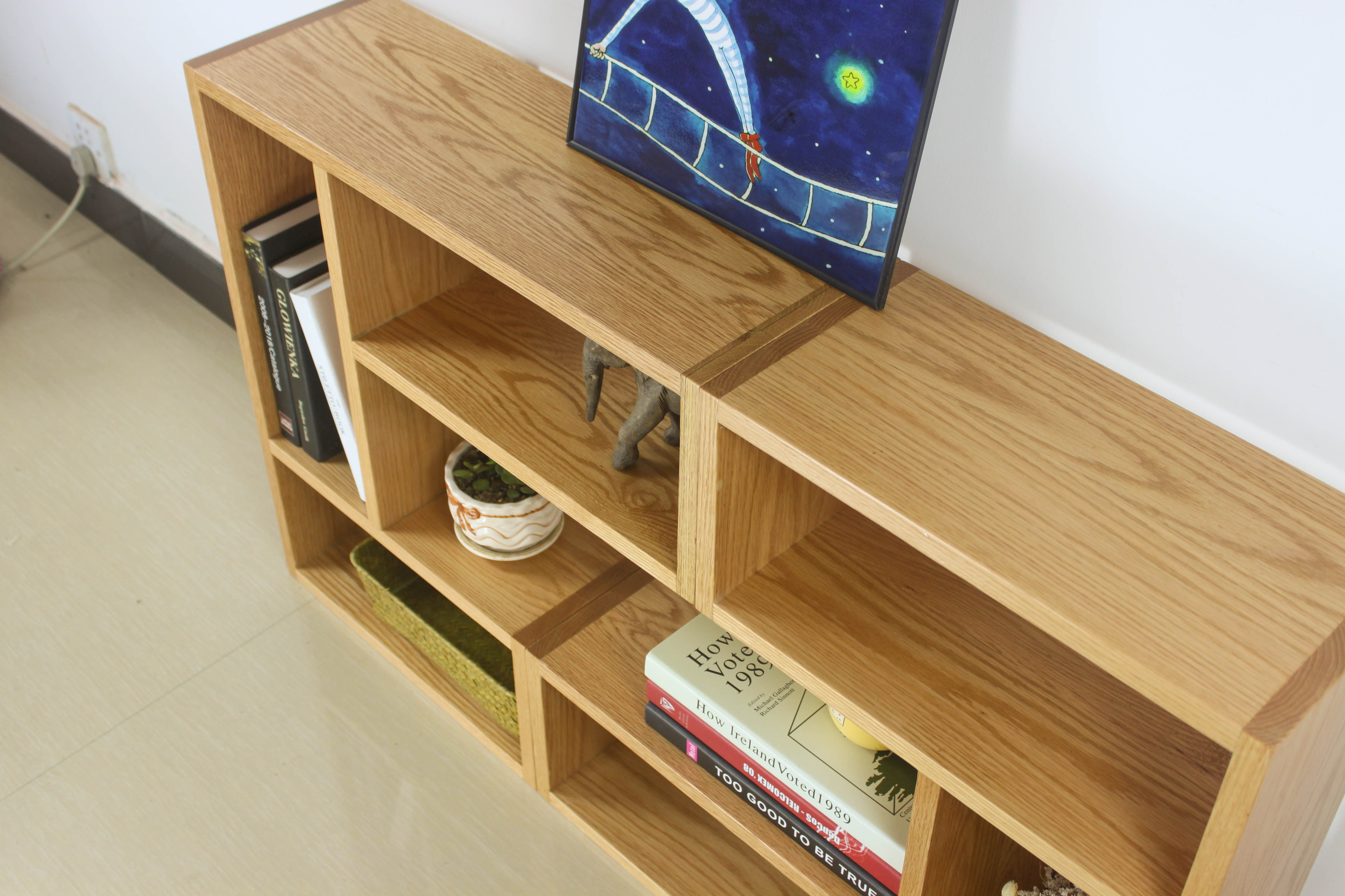 简约九宫格水曲柳客厅满墙书架收纳 落地书柜橡木胡桃木实木定制