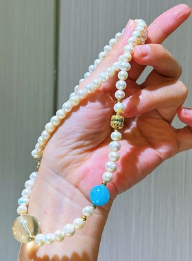 天然珍珠长款项链女 白水晶天河石轻奢小众设计感多层叠戴毛衣链