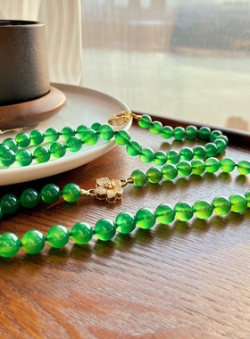 高品质12mm绿玉髓项链玻璃体正阳绿帝王绿媲美翡翠串珠项链银扣
