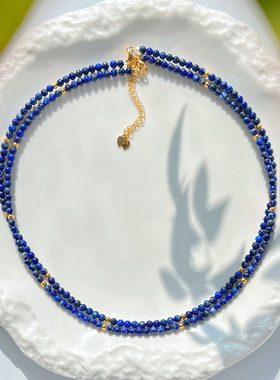 高品质天然青金石锁骨链925银镀金隔珠小米珠项链baby叠戴锁骨链