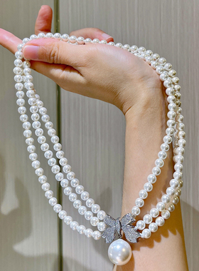 高级感设计款三层正圆贝珠项链仿珍珠项链颈链晚装链礼服晚宴链