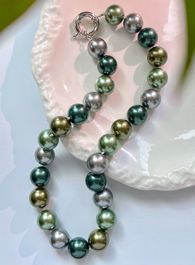 16mm大颗法式轻奢复古大溪地莫兰迪混彩人造水晶珍珠锁骨链毛衣链