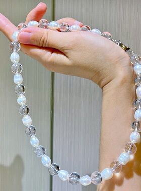 原创设计小香风10mm天然淡水珍珠白水晶串珠项链锁骨链礼物饰品
