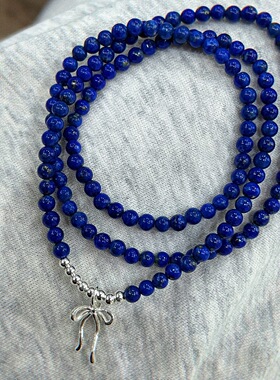 天然青金石多圈手链 925银蝴蝶结吊坠 复古显白手串 女款小众设计