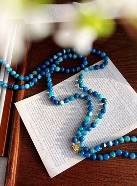 蓝色多瑙河 梦幻 迷人 浪漫 天然蓝玉髓毛衣链长款多层项链