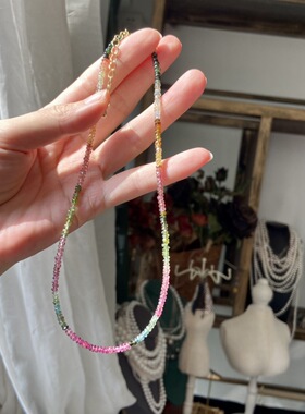 天然碧玺项链女 彩虹渐变切面串珠baby珠多层叠戴轻奢小众锁骨链