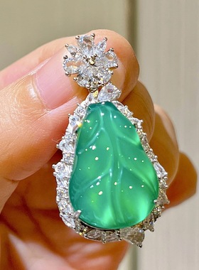 925银镶绿玉髓玛瑙芭蕉叶树叶吊坠项链送礼精致经典不配链子