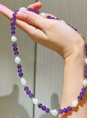 天然紫水晶串珠珍珠手链项链套装法式复古气质毛衣链百搭锁骨链