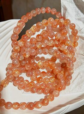 7-8mm天然金太阳石手串 透体日光石单圈圆珠手链女款橙红水晶饰品