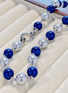 10mm高品质正圆施蓝灰家混彩珍珠项链个性克莱因蓝色串珠锁骨链