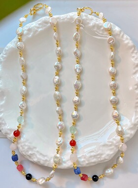 法式气质复古巴洛克珍珠项链小众链女彩色串珠锁骨链轻奢感颈链
