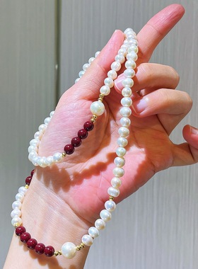 5-6mm复古精品天然淡水珍珠仿朱砂毛衣链多种戴法项链本命年