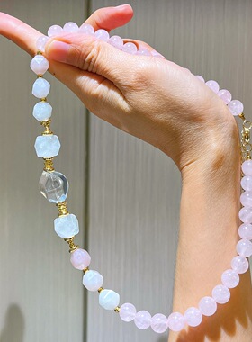 温柔风粉晶方块项链女 ins小众设计感白水晶多宝百搭气质颈链配饰