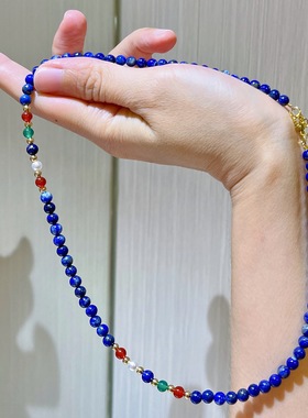 天然青金石项链女款锁骨链本命年红色颈链配饰毛衣链许我耀眼