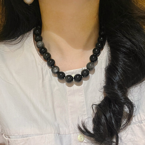 14mm大颗粒天然暗夜系银曜石项链锁骨链ins风暗黑系串珠男女款 - 图3