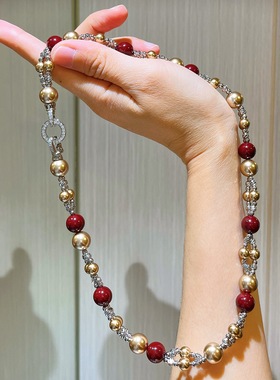 秋冬新品美拉德风安可拉红金棕色施家珍珠缠绕双层项链锁骨链