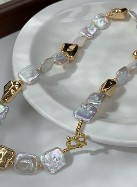 法式复古天然方块巴洛克珍珠项链简约高级感熔岩金属风锁骨链潮流