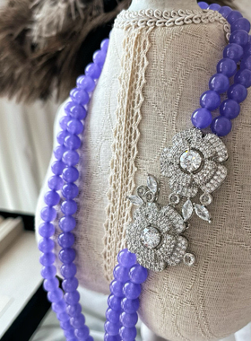 紫罗兰色石英岩石紫色双层长链项链原创手作设计氛围感毛衣链女