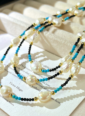 韩系小众蓝色黑色串珠项链天然淡水巴洛克珍珠项链港风锁骨链颈链