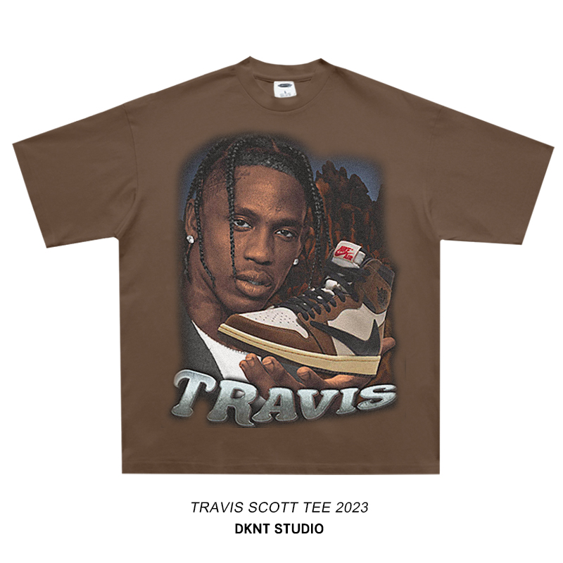 Travis scott 说唱 人像 印花 vintage 短袖T恤 嘻哈 宽松 小领口 - 图1