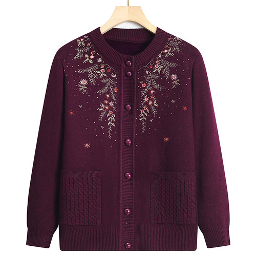 中老年人女奶奶装冬装加绒加厚妈妈针织衫毛衣老太太开衫秋冬外套 - 图1