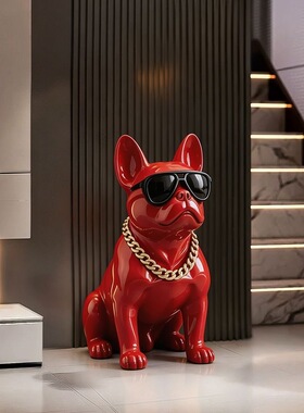 红色法斗犬储存罐树脂摆件家居