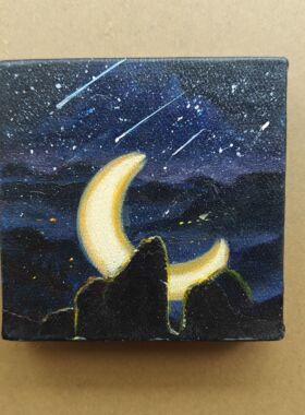 手工原创梦幻星空油画弯月繁星装点家居的治愈艺术小物迷你摆件