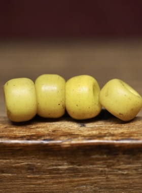 西藏百年爆老柠檬鸡油黄老琉璃鼓珠9.2x6四枚 老珠子手串菩提配饰